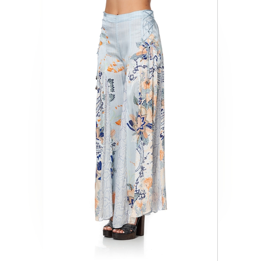B3. NWOT CAMILLA FRASER FANTASIA SILK FLARE PANTS WITH LACE UP SIDE - Picture 6 of 16